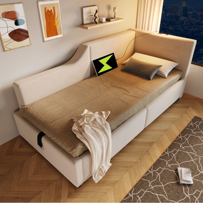 Lit coffre hydraulique AESVAR 90x190 cm en velours beige avec lampe de lecture et USB-C