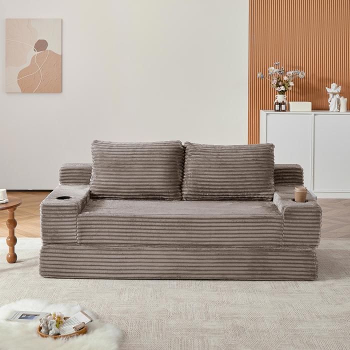 Canapé 2 places Convertible - 180x170x62cm - Canapé Lit Pliant 2 en 1 Velours Côtelé Porte-Gobelets Poches - Marron