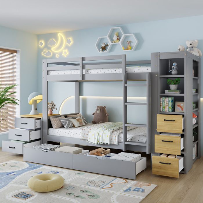Lit superposé 90x200 cm en bois gris avec 2 tiroirs étagères de rangement échelle et table de chevet amovible