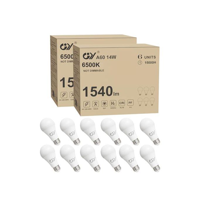 GY Ampoules LED E27 14 W (équivalent à 100 W) A60 Ampoule LED E27 6500 K lumière froide 1540 lumens faisceau 280 degrés LED A60