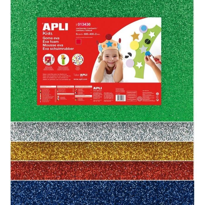 APLI Pochette 5 feuilles de mousse caoutchouc - Argent, or, rouge, bleu et vert à paillettes - Grand Format