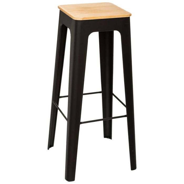 atmosphera - tabouret de bar en métal noir et assise en bois  h 80 cm