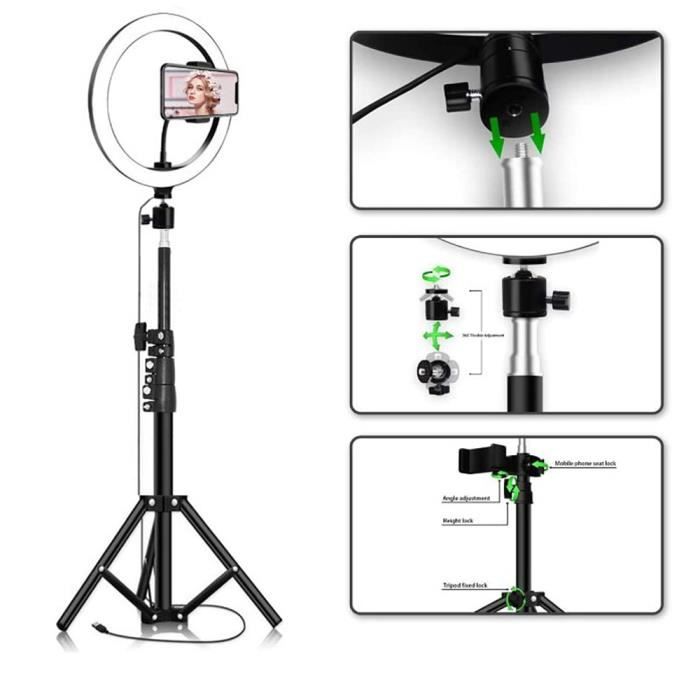 LED Ring Light 10'' Anneau Lumineux, Trépied et Luminosité à Intensité Variable, Anneau Lumineux Selfie avec Support Detéléphone