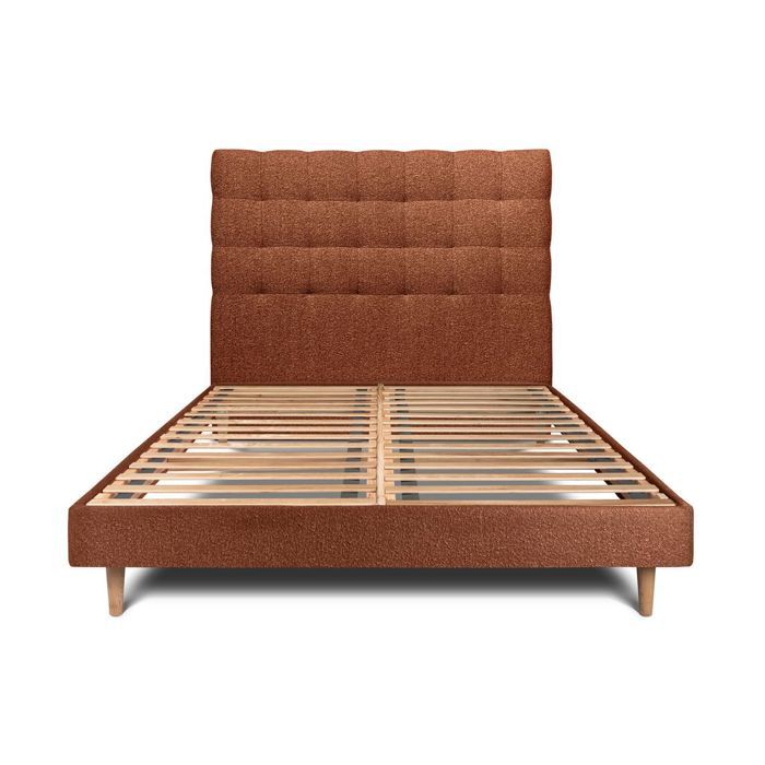 Lit 160x200 - SOMMEIL DE PLOMB - Tête capitonnée bouclette - Bois massif - Sommier à lattes H29cm - Terracotta Lit 160x200 - SOMMEIL DE PLOMB - Tête capitonnée bouclette - Bois massif - Sommier à lattes H29cm - Terracotta