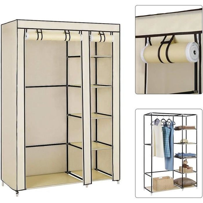 Armoire de rangement pliable en toile - Beige - 110 x 45 x 175 cm - Penderie et 5 étagères