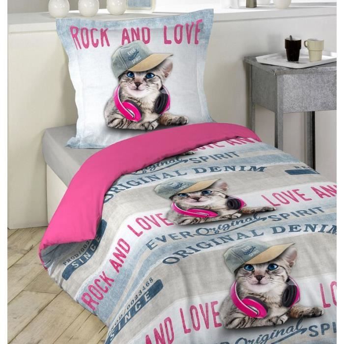Housse de couette 140 x 200 1 Taie CHAT EN ROSE Lovely Cats 100%  Coton 