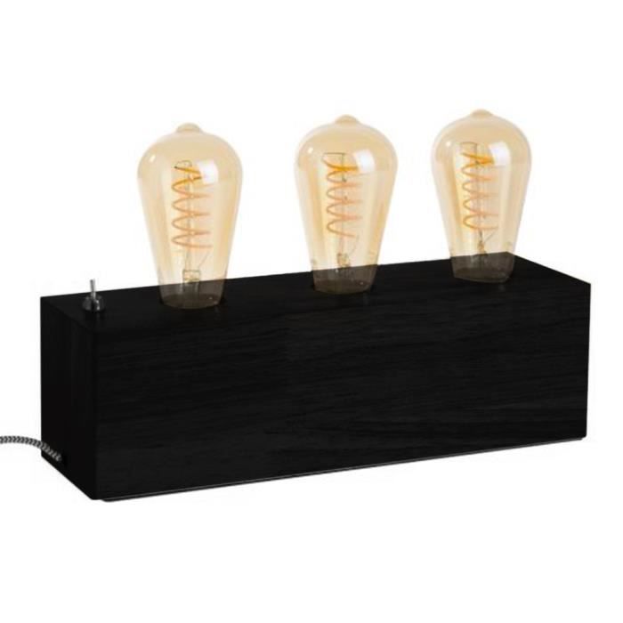 Lampe de table - Design Industriel - Bois Naturel - 3 Lumières - Compatible LED - 60W Max