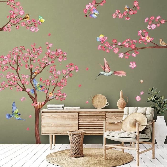 Stickers Muraux Fleurs de Cerisier Autocollant Mural Grand Arbre de Fleurs  Rose Arbre Autocollant Murale Oiseaux et Branche - Cdiscount Maison
