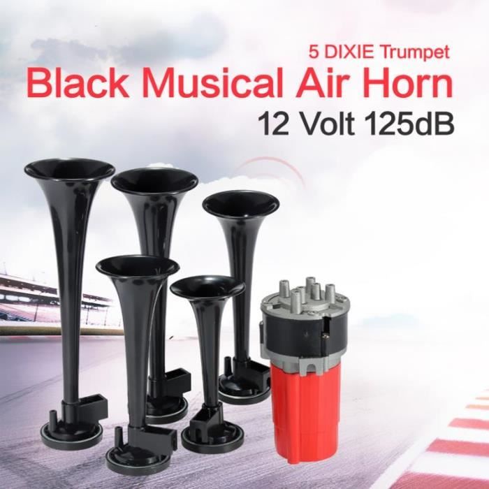Trompette musicale noire Dixie | 5 pièces 12V 125DB, voiture Duke of Hazzard + compresseur 12V, klaxon d'air