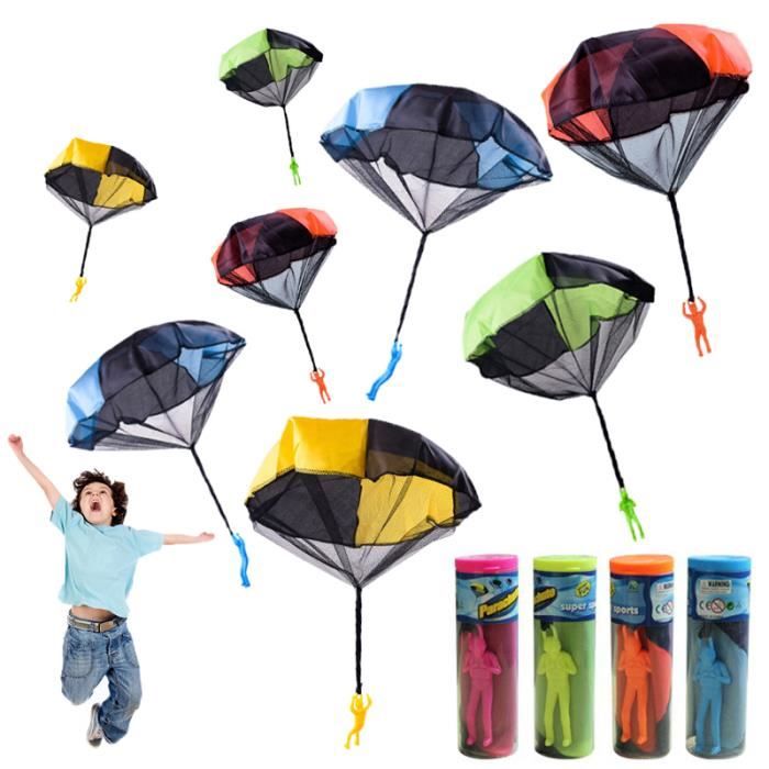 Lot De 4 Jouets Parachute à Lancer – Tissu Nylon, Diamètre 45 Cm, Figurine 9,5 Cm – Extérieur, Bleu, Vert, Orange Et Camouflage