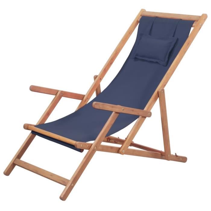 chaise de plage pliable en bois et tissu - fdit - bleu - inclinaison 3 positions - oreiller inclus