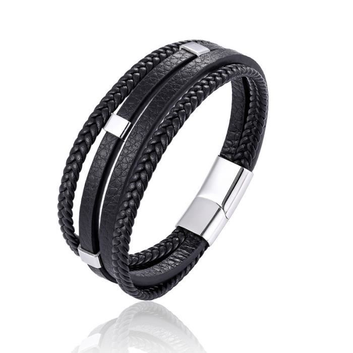 Bracelet Homme en Cuir Acier Inoxydable Noir Multi Tissé tressé Fashion Vintage 22cm