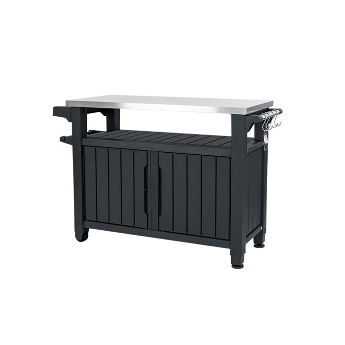 Keter Desserte exterieure Unity XL armoire de rangement en résine verrouillable texture bois Graphite - 207L - 134x51.7x89.6 cm