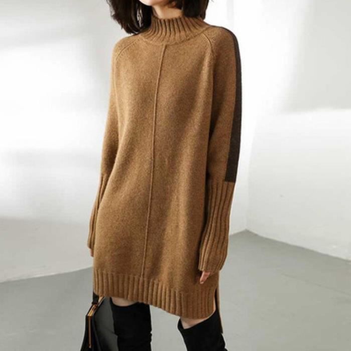 Pull femme automne et hiver tricoté long pull en laine mode femme col roulé  couleur unie pull long pull femme chaud fente