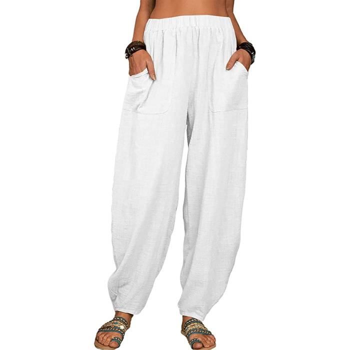 Pantalon Large Coton Lin Femme Pantalon Fluide Taille Elastique Taille  Haute Lounge Wear Pantalon Léger Décontracté avec Poches Blanc - Cdiscount  Prêt-à-Porter