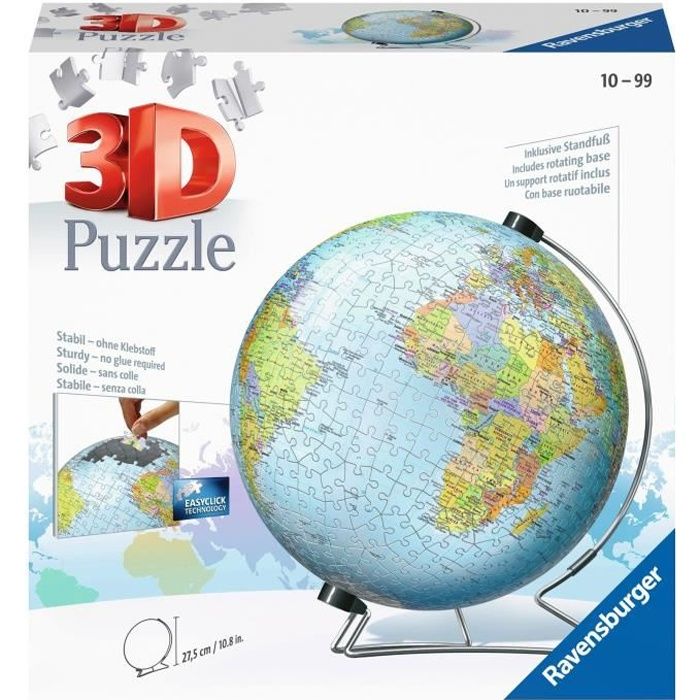 puzzle 3d globe 540 pièces - ravensburger - éducatif pour enfants - sans colle - dès 12 ans