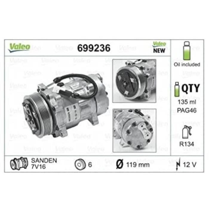 Compresseur de climatisation - VALEO - 699236 - COMP CF NE PSA Berlingo 206 306 406 806