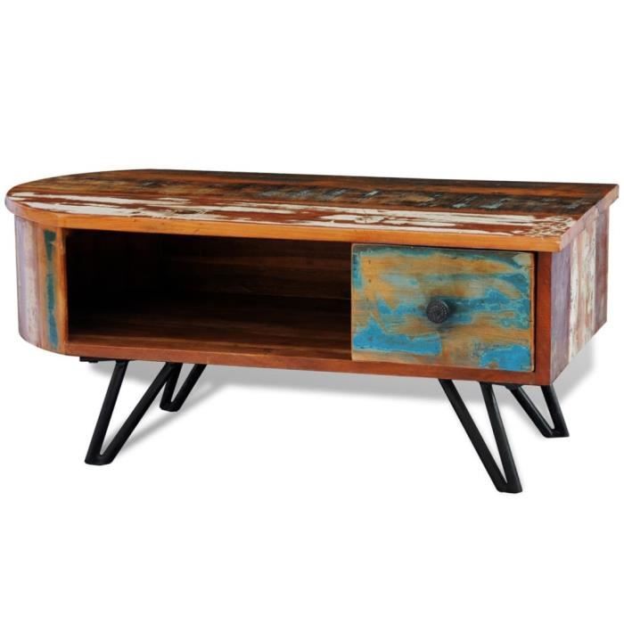 Table Basse En Bois Recyclé Solide Avec Pieds Broche Fer Brun A Vente C Solide Avec Pieds Broche En Fer Brun, Round Coffee Table With Storage Australia