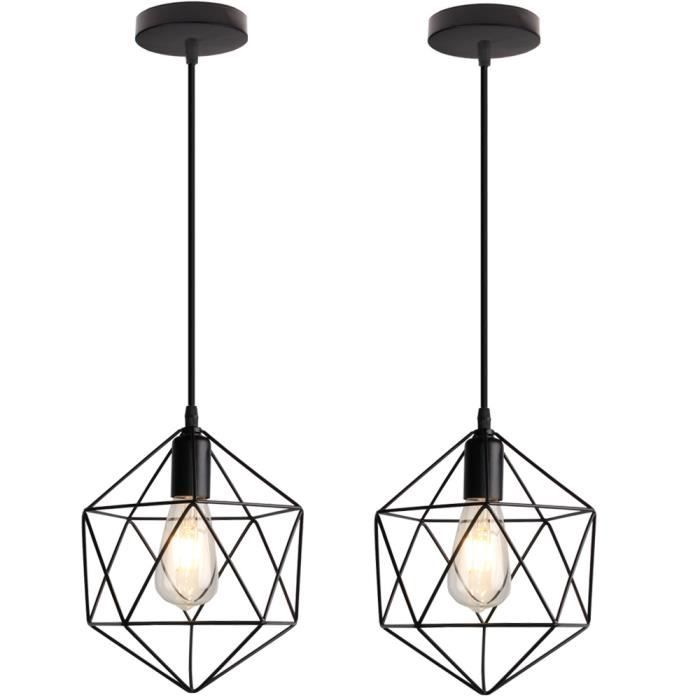 UNI Lot de 2 Lustre Suspension Cage Diamant 25cm Noir Pendentif Luminaire Suspendue pour Couloir Cuisine Restaurant Café Bar