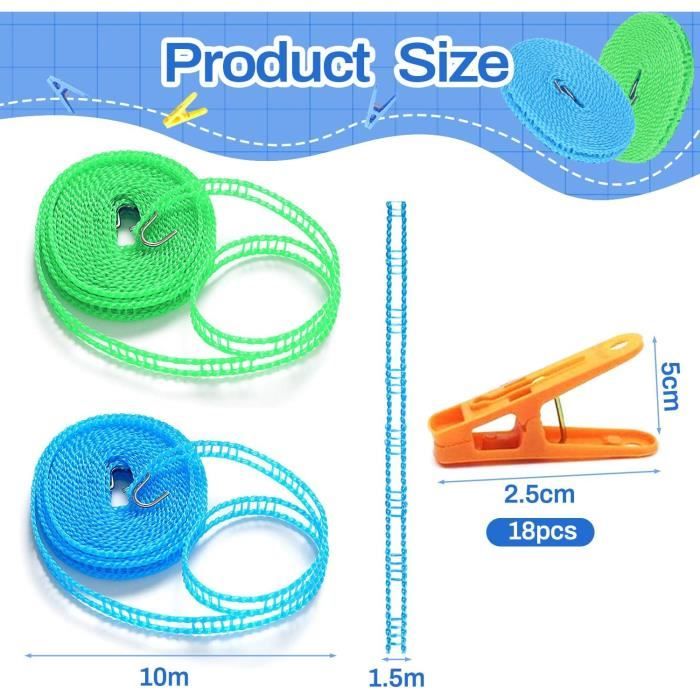 Lot De 3 Cordes à Linge Coupe-vent – 8 M Chacune, Crochets En Acier – Antidérapante, Portable – Pour Camping, Voyage, Intérieur/extérieur - 2