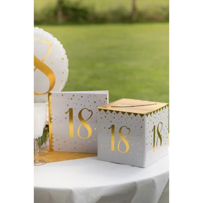 Boîte pour carte de fête anniversaire 18 ans blanche et dorée métallisée  (x1) R/6186