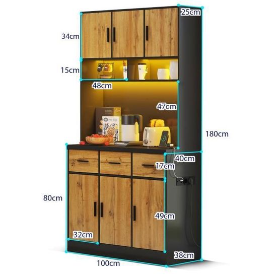 Buffet Seyakany Avec éclairage LED - 120x40x180 Cm - 2 Tiroirs, Portes Coulissantes - Noir - Meuble De Rangement - 2