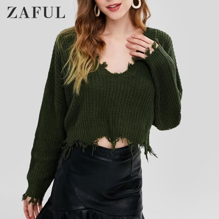 PULL ZAFUL pull a manches longues Crochet pour femmes ample et dechire col en V pull over pompon solide tricote Type Khaki Blanc Cdiscount Pret a Porter