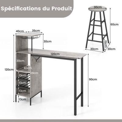 Table Haute Rectangulaire + 2 Tabourets – Style Industriel – Pour Petit Espace, Cuisine, Bar – Dimensions 120x48x91 Cm - 12