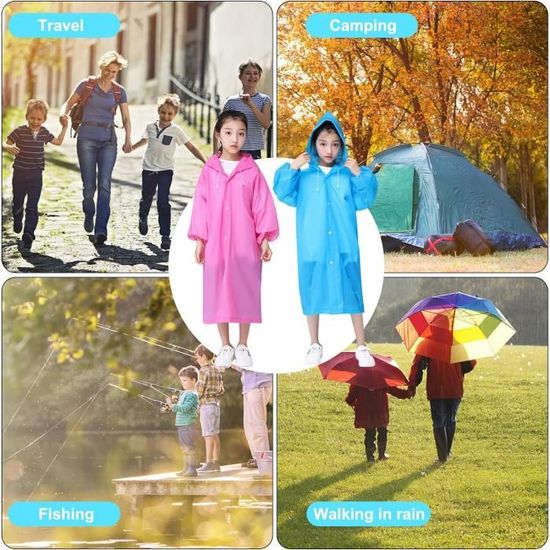 2 Ponchos De Pluie Enfants EVA - Imperméables Réutilisables - Rose Et Bleu - Pour Vélo/Randonnée