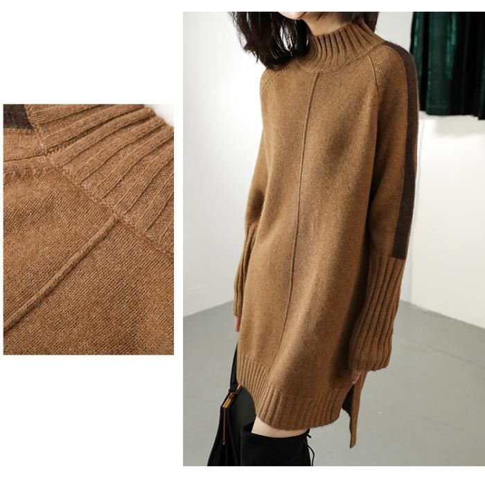 Pull femme automne et hiver tricoté long pull en laine mode femme col roulé  couleur unie pull long pull femme chaud fente