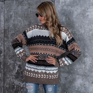 PULL Pull Femme en Tricoté Motif Argyle Relaxed Fit Casual Col Rond - Marron