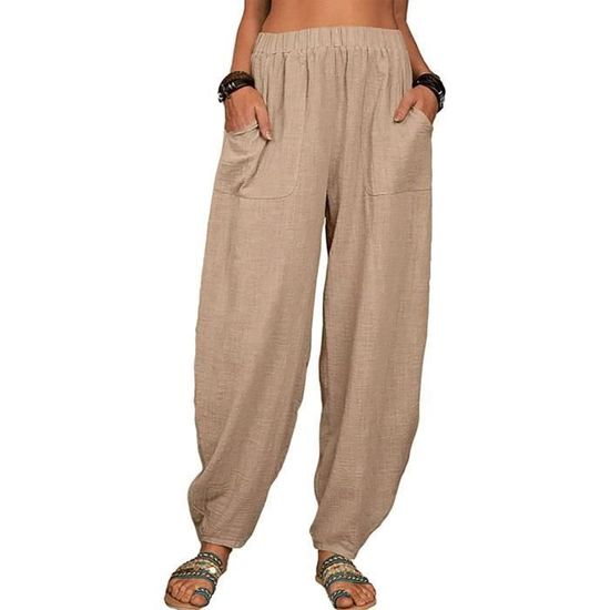 PASUDA Pantalon Femme Été Coton Lin 7/8 - Pantalon Fluide Large Taille Haute Avec Poches, Léger Et Confortable