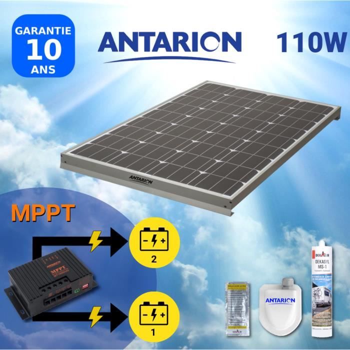 KIT PANNEAU SOLAIRE POUR CAMPING CAR 110W ANTARION + RÉGULATEUR MPPT DOUBLE BATTERIE