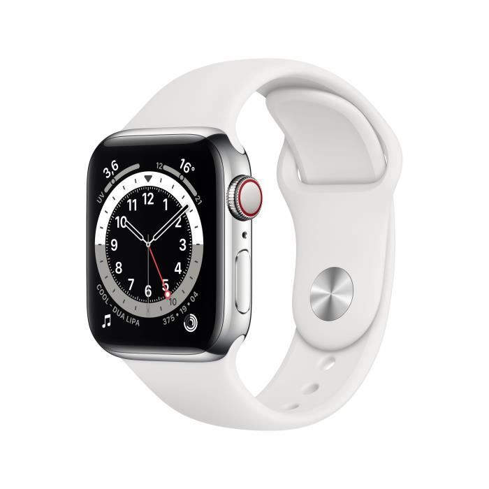 APPLE Series 6 GPS + Cellular Montre connectée - 40 mm - Boîtier en Acier Inoxidable - Argent et Blanc