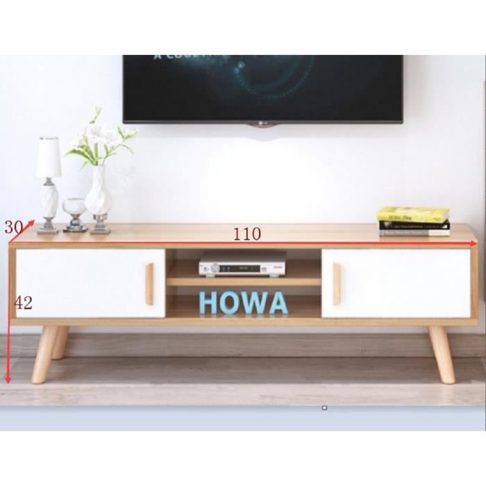 DIYAGSSZ L110 x P30 x H 42cm Meuble TV avec 2 portes - Chêne Décor Blanc - Pieds en Bois - Scandinave