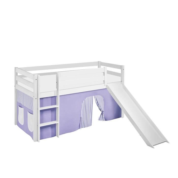 Lit surélevé ludique JELLE lilas beige-S - avec rideaux et toboggan - LILOKIDS - blanc laqué