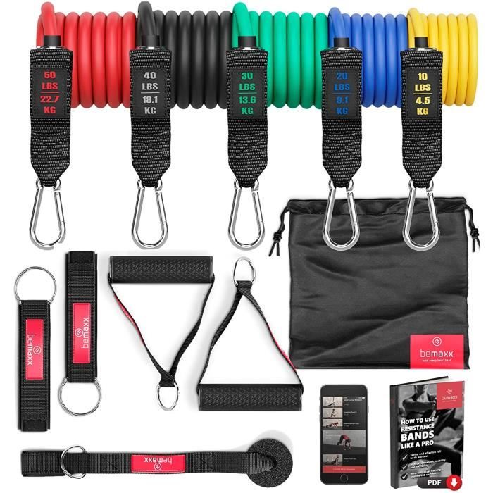 Kit Élastique Musculation Fitness + Guide Exercices, 5X Bandes de Résistance Tubes Professionnels + Poignées, Ancre de Porte, Sangle