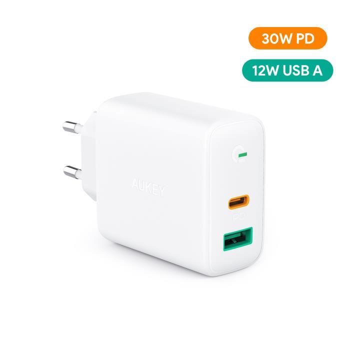 AUKEY USB C Chargeur Secteur pour iPhone 12 USB avec Dynamic Detect, Chargeur Mural avec 30W USB C Power Delivery 3.0 pour iPhone 11