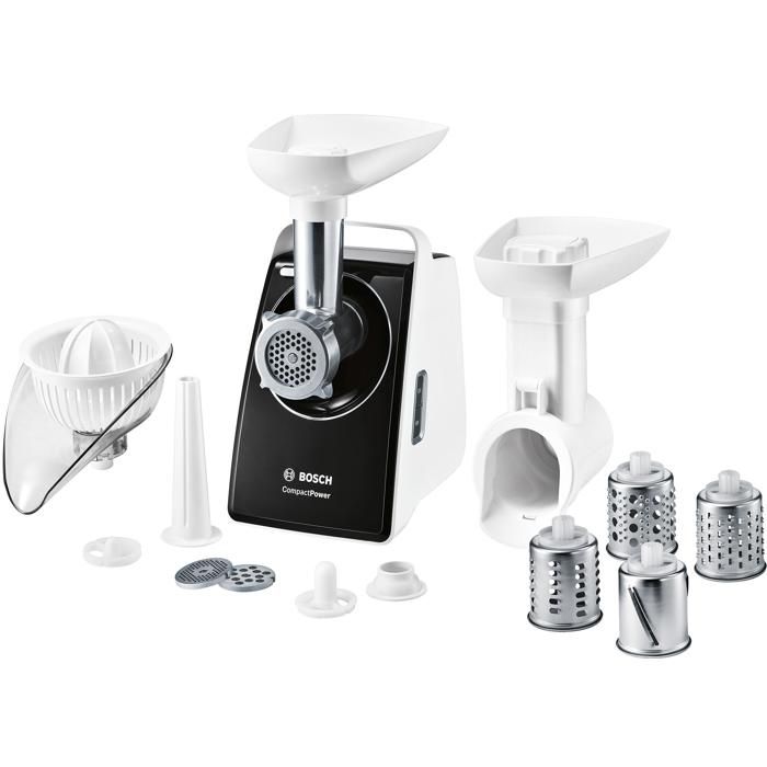 BOSCH - Hachoir à viande Compact Power - 500W - Moteur bloqué 1800W - 2 kg/mn - 3 grilles de hachoir - Blanc/Noir