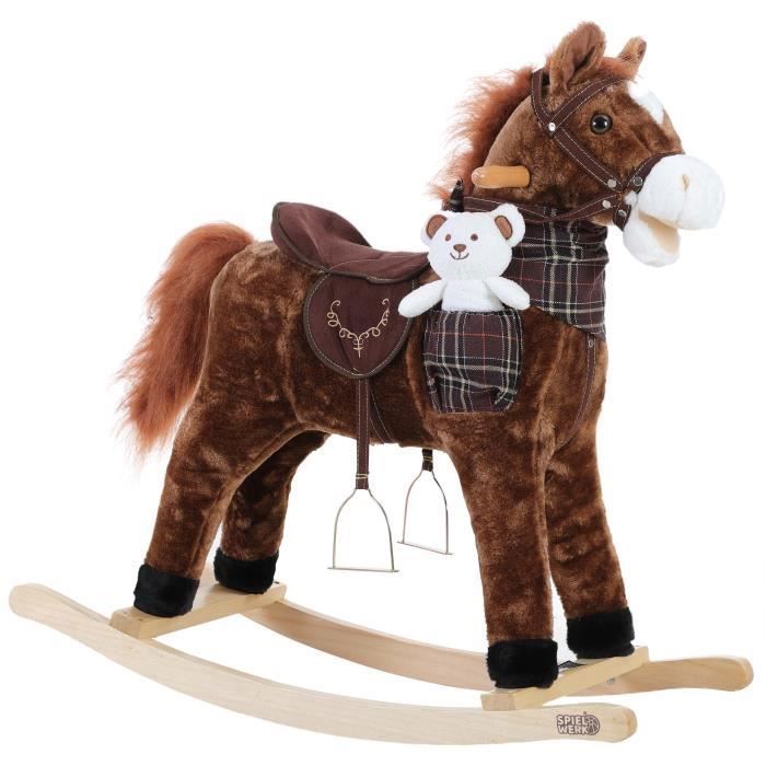 Cheval à bascule, animal avec étriers, selle et fonction sonore, jeu de bascule pour enfant nounours inclus