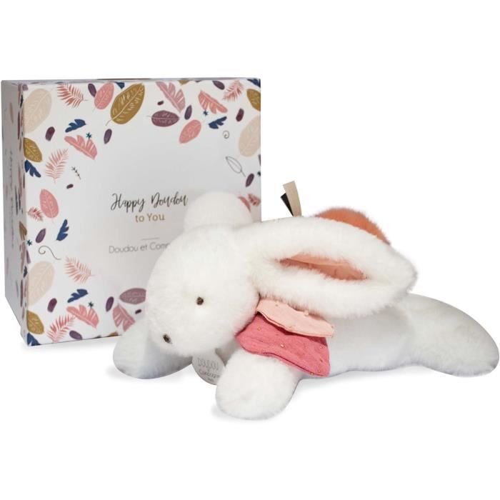 Doudou et Compagnie - Peluche Lapin - 25 cm - Lapin Pompom Blanc/Terracotta - Jolie Boîte Cadeau - Happy Boho - Happy Doudou To You