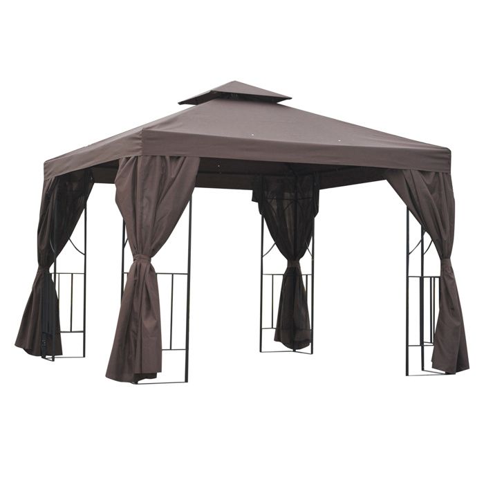 Tonnelle barnum style colonial double toit toiles latérales amovibles 2,95L x 2,95l x 2,7H m chocolat noir