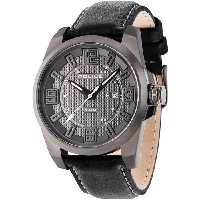 POLICE HOMME 46MM BRACELET CUIR NOIR QUARTZ CADRAN GRIS MONTRE 14762JSU/61