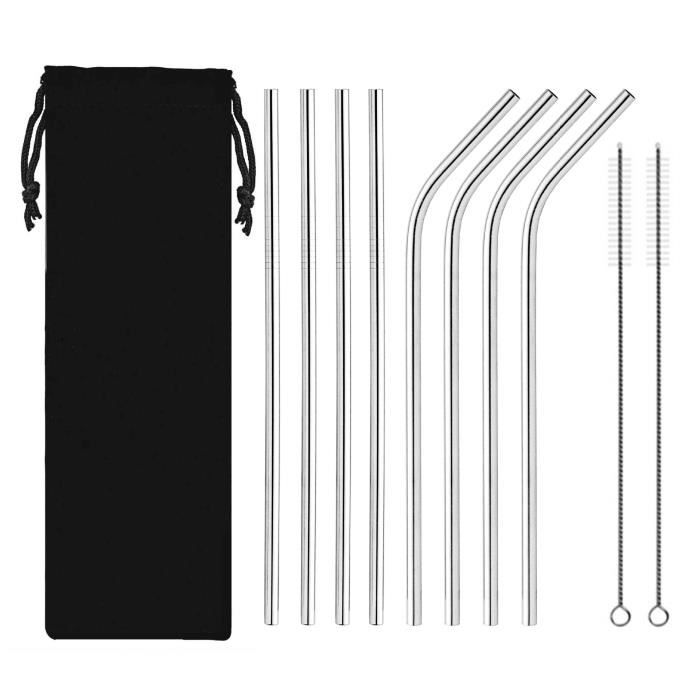 Pailles en Acier Inoxydable,Lot de10 Paille Inox Réutilisables pour Cocktails et Boissons Chaudes,avec 2 Brosses de Nettoyage