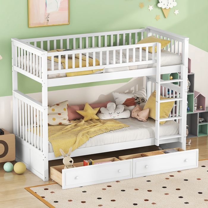 Lit Superposés Enfant 90x200 cm - Peut être divisé en deux lits- Avec 2 Tiroirs - Sommier à Lattes - Blanc