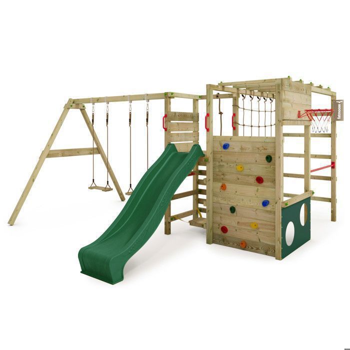 FATMOOSE Aire De Jeux FruityForest Fun XXL – Portique Bois Avec Balançoire, Toboggan, Bac à Sable, Mur D'Escalade – Jardin