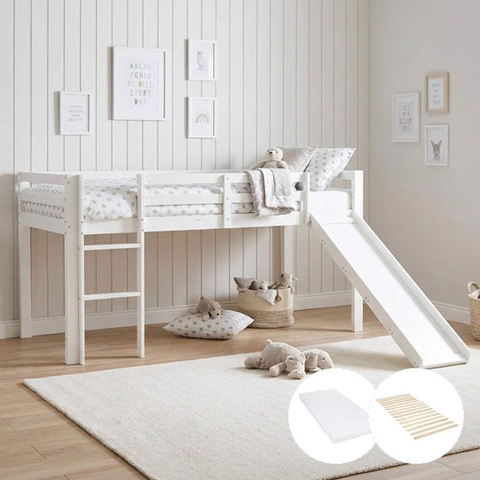 Lit mezzanine avec matelas sommier à lattes et toboggan 90 x 200 cm lit denfant blanc en bois massif Lit mezzanine avec matelas sommier à lattes et toboggan 90 x 200 cm lit denfant blanc en bois massif