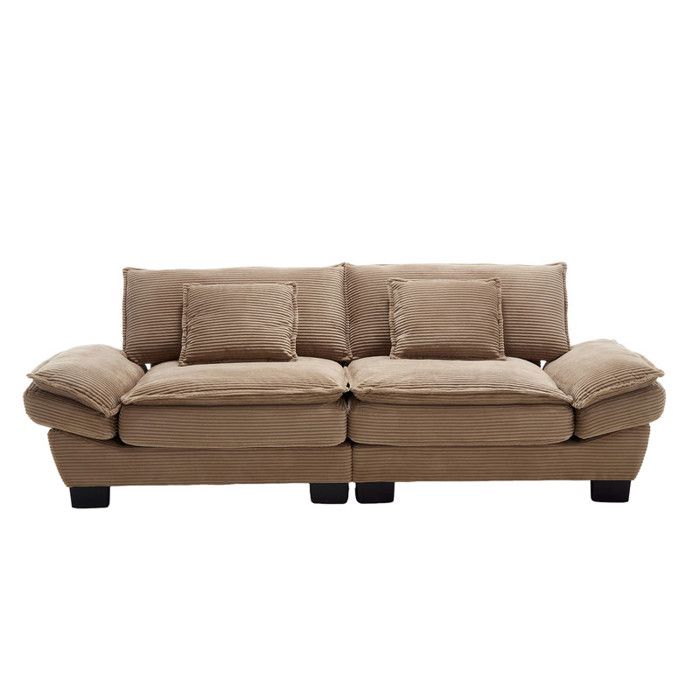 Canapé 2 Places en Tissu Velours Canapé clic clac Canapé moderne 224 cm avec accoudoirs et oreillers pieds en plastique kaki