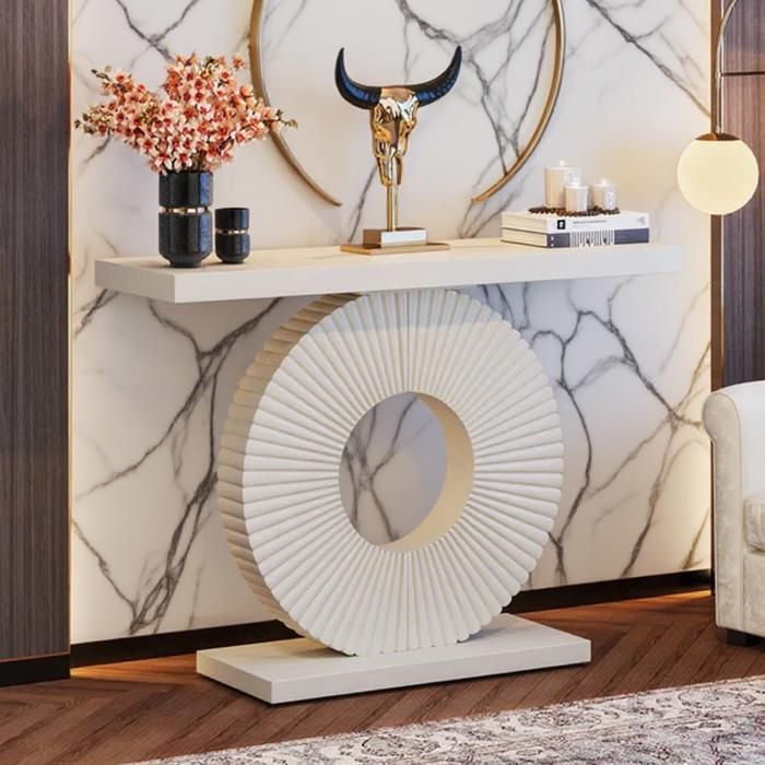 Console dentrée TOPESCT base ronde 100x30x79 cm meuble déco pour salon couloir chambre blanche