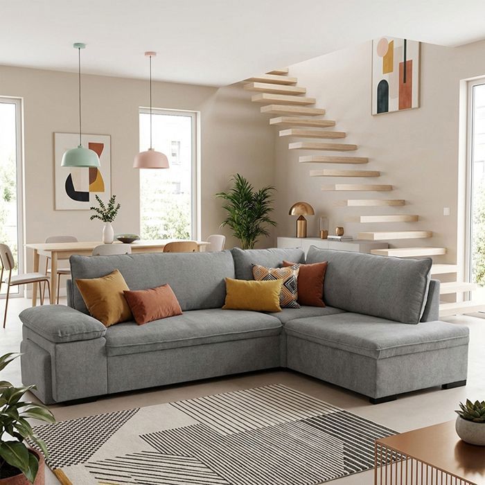 ALYA Canapé dangle reversible convertible gris charbon (tissu lisse) - Taille L - 5 places - 260 x 183 x 89